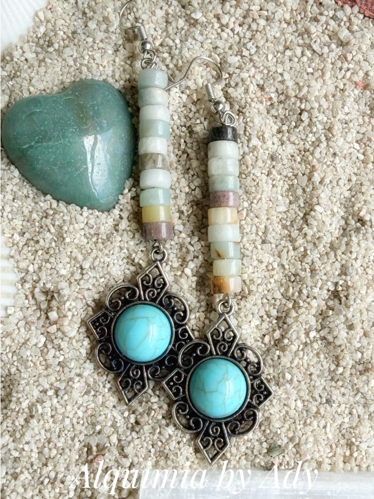 Shoulder Duster Turquoise And Multi-Bead Amazonite Filigree Drop Earrings